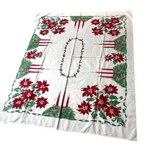 Vintage Christmas tablecloth printed cotton rectangle festive 1960's holiday